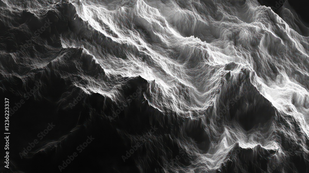 Poster abstract grayscale image of a textured, mountainous landscape.
