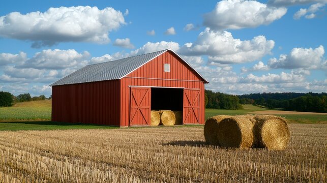 A sturdy pole barn used for storing equipment and hay, set against the backdrop of a wide-open farm field.