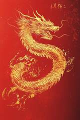 Fototapeta premium A golden dragon illustration on a red canvas with intricate details and flowing design, symbolizing power, strength, and Eastern culture.