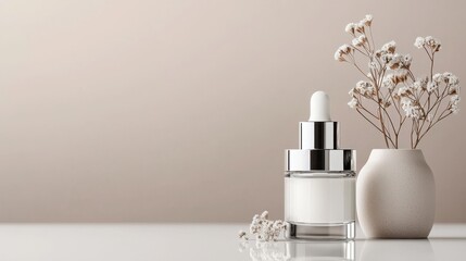 Naklejka premium Elegant and Luxurious Skincare Serum Bottle Resting on a Glass Surface Accented with Delicate Floral Sprigs for a Serene Natural Aesthetic