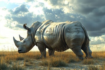 Fototapeta premium White Rhino Grazing In African Savanna Grassland