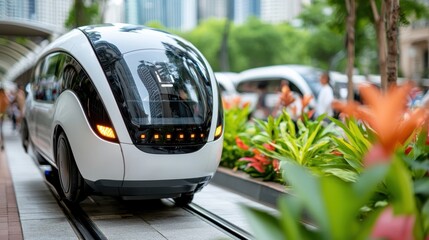 Obraz premium Eco Friendly Smart City with Shared Autonomous Electric Vehicles and Lush Greenery A Futuristic Vision of Sustainable Urban Mobility and Clean Efficient Transportation