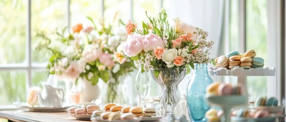 Table setting with elegant flowers and colorful pastries on a rustic wooden table, perfect for events, celebrations, tea parties, or café ambiance decor.