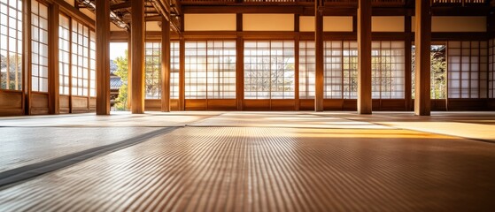 Tatami mats, traditional Japanese architecture, and serene interior of an empty room with shoji screens for meditation or yoga practice in a peaceful setting.