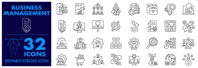 Business Project or Organisation management Icons Business Process, Planning, Strategy, Startup, Accounting, Management, Business Investment and more Editable Stroke Icons set.