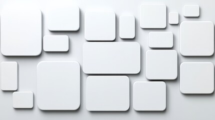 Abstract White Shapes: A minimalist composition of various sized, rounded rectangular shapes arranged on a seamless surface, creating a clean and modern aesthetic. 
