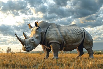 Fototapeta premium White Rhinoceros Grazing in African Savanna Sunset