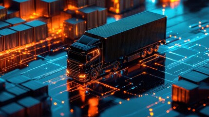 Truck, logistics and supply chain management with digital network connections in warehouse. Delivery, transportation and cargo shipping technology concept.