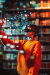 Obraz premium Virtual reality experience with user in headset interacting with digital elements in library setting, exploring educational content and immersive technology.