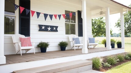 Festive porch with a patriotic welcome sign and colorful bunting in red white and blue  The cozy outdoor space exudes a sense of national pride and seasonal
