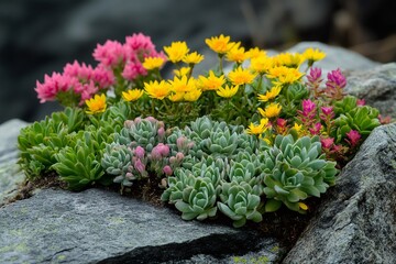 Colorful succulents and flowers growing on rock in alpine garden