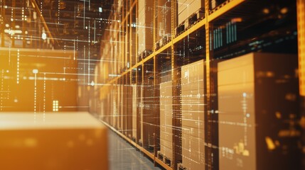 Warehouse shelves filled with boxes and digital overlay representing inventory management, logistics optimization, and supply chain technology in modern storage facility.