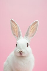 Obraz premium White rabbit with large ears and bright eyes against a pastel pink background, perfect for Easter, spring themes, or childrens decor and marketing campaigns.