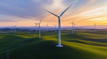 Obraz premium Wind turbines in a green landscape during sunset, showcasing renewable energy and sustainable technology for future power generation and environmental conservation.