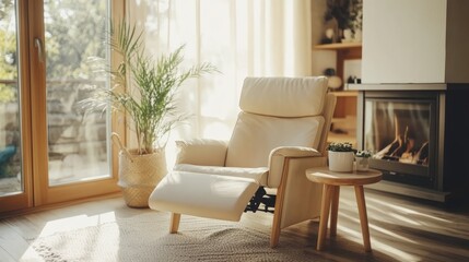 Fototapeta premium Sunlight Streams Into A Cozy Living Room, Illuminating A Cream Recliner, Potted Plants, And A Wooden Side Table Near A Fireplace. The Overall Feeling Is Serene And Peaceful.