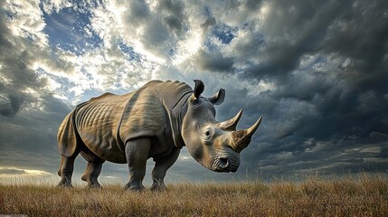 Fototapeta premium Majestic Rhino Stands in Serene Grassland Under Dramatic Sky