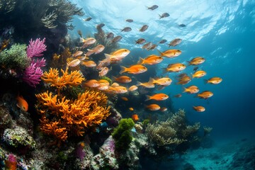 School of lyretail anthias swimming over a colorful coral reef