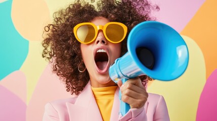 Woman shouting into megaphone while wearing bright sunglasses, promoting message or brand with colorful background, expressing energy and enthusiasm in creative advertising.
