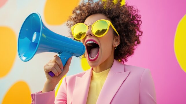 Woman shouting into a megaphone, wearing yellow sunglasses and a pink suit against a colorful backdrop. Vibrant fashion, marketing, and bold expressions concept.