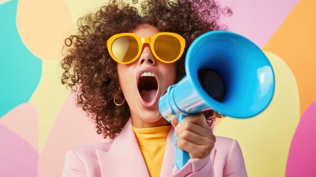 Woman shouting into megaphone while wearing bright sunglasses, promoting message or brand with colorful background, expressing energy and enthusiasm in creative advertising.
