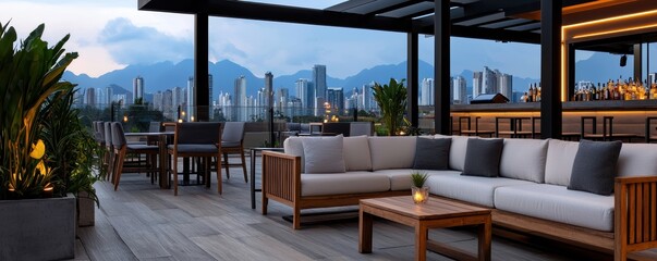 Extravagant rooftop bar setting with breathtaking cityscape views offering an upscale and contemporary atmosphere for leisure dining and social gatherings  The modern design plush furnishings