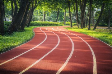Obraz premium Red running track winding through a lush park under soft sunlight