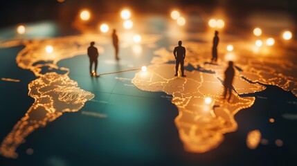 World map illuminated with glowing connections, digital transformation, people analyzing global market trends, business strategy, and international collaboration.