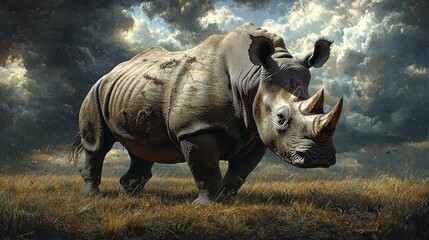Fototapeta premium Majestic Rhino Stands in Serene Grassland Under Dramatic Sky