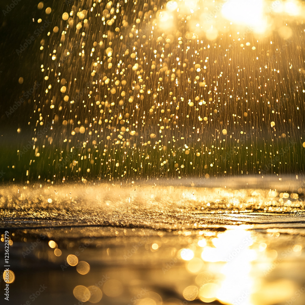 Poster A close-up view of golden raindrops falling on a wet surface, with sunlight reflecting off the water, creating a magical and serene atmosphere with bokeh effects.