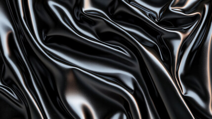 Fototapeta premium Sleek black fabric with glossy texture, showcasing elegant folds and reflections. smooth surface creates luxurious appearance, perfect for various design applications