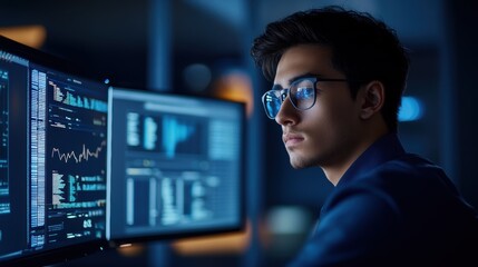 Fototapeta premium Young professional analyzing data on multiple screens in a dark office setting, focused on finance and technology trends for stock market insights and investment analysis.