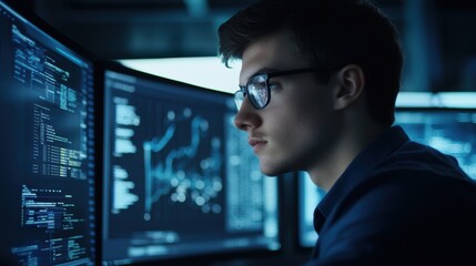 Fototapeta premium Young programmer analyzing data on dual monitors with coding and analytics in modern office for software development and digital innovation projects.