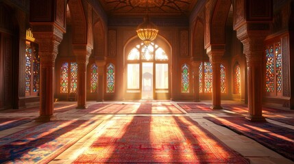Obraz premium Sunlit Mosque Interior, Prayer Hall, Sunrise, Morocco, Spiritual