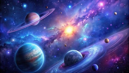 A large galaxy with vibrant purple and blue hues in the background, surrounded by stars and a few planets