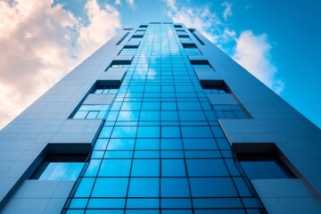 Obraz premium Modern glass skyscraper reflecting blue sky and clouds