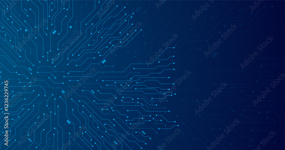 Wall mural circuit board path connection lines with dots in blue background banner template