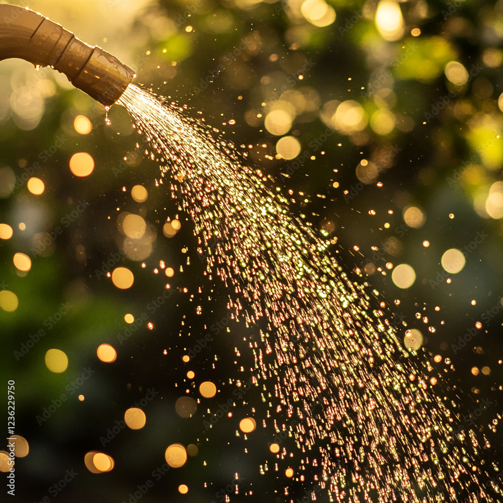 Poster close-up of water droplets being sprayed from a garden hose, shimmering in the sunlight with bokeh e