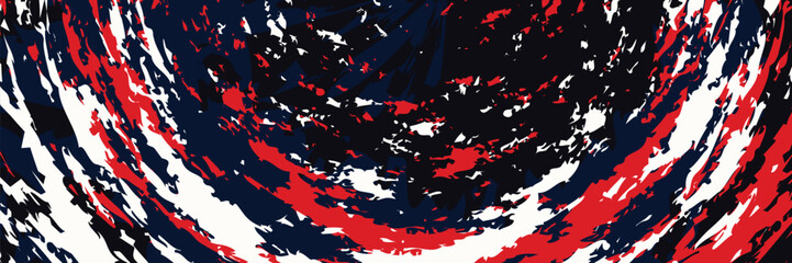 Background design featuring navy blue, white, and red brush strokes.