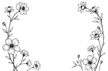 Coloring book, black and white linear drawing. Lush branches of black and white flowers are located on the sides of the image, forming a frame. The background is white, with free space for text.