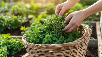 A gardener s hands gently gathering fresh-cut herbs into a woven basket, filled with fragrant mint, chives, and oregano. The sunlight filters through the leaves, creating a vibrant, sun-kissed glow.