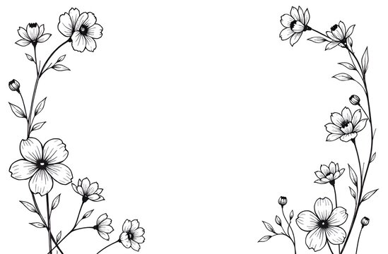 Coloring book, black and white linear drawing. Lush branches of black and white flowers are located on the sides of the image, forming a frame. The background is white, with free space for text.
