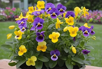  Vibrant Mix of Blooming Pansies: Small Yellow and Purple Flowers in a Colorful Container © SR07XC3