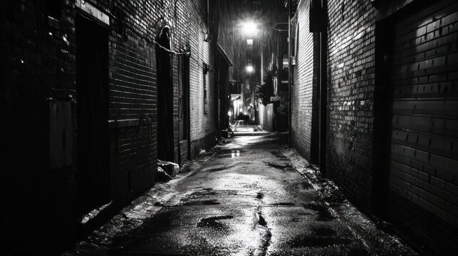 Fototapeta Dark, wet alleyway at night  urban grit, mystery, film noir