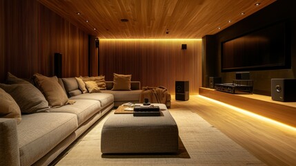 A stylishly renovated finished basement with a cozy living area, a home theater system, and soft lighting.