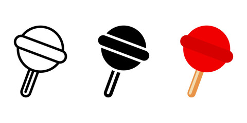 Lollipop icon. Sweet candy on a stick sign. Sugar-coated dessert symbol. Round caramel pictogram for confectionery. Colorful treat illustration.
