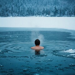 Ice swimming in a frozen lake