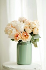 Peach and white peony roses placed in the teal can vase - style stock photography.