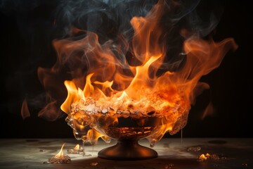 Melting ice burning in flames inside a metal bowl, creating a surreal and contrasting scene