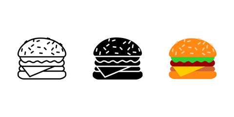 Burger with cheese icon. Classic fast food sign. Tasty grilled sandwich symbol. Juicy beef patty with sesame bun pictogram. Delicious cheeseburger with lettuce illustration.