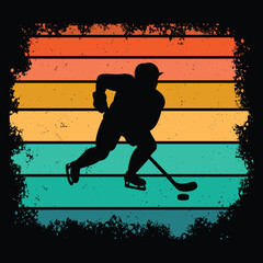Obraz premium Hockey Sport Silhouette With sunset retro illustration Vector, Hockey vintage sunset retro background